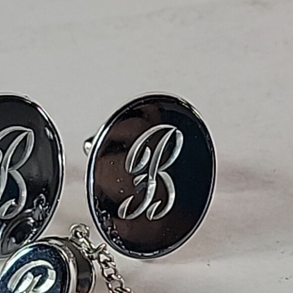 Silver Tone Monogram Script Letter B  CuffLinks Tie Pin Chain Whale Back - Picture 2 of 6